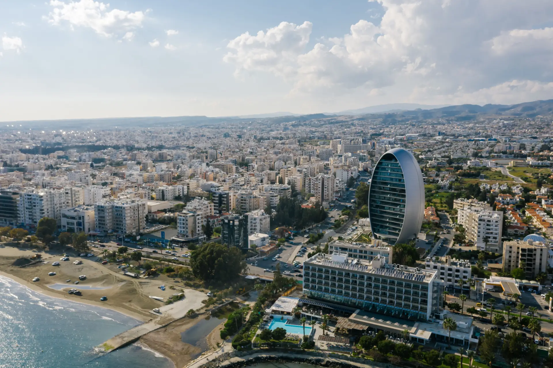 Aerial view of the Limassol seafront and modern city skyline