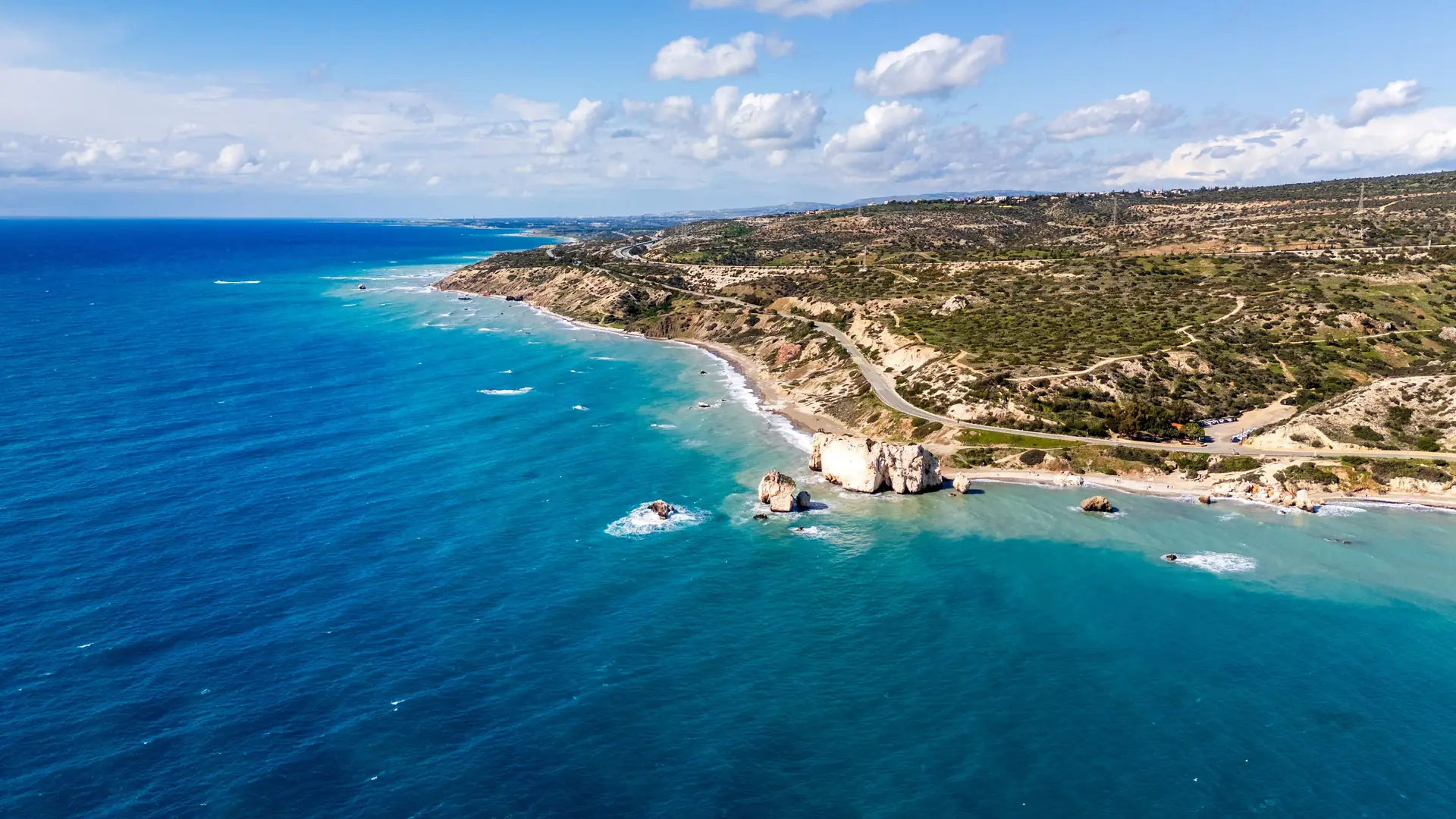 Aerial view of the Paphos coastline near Aphrodite’s Rock